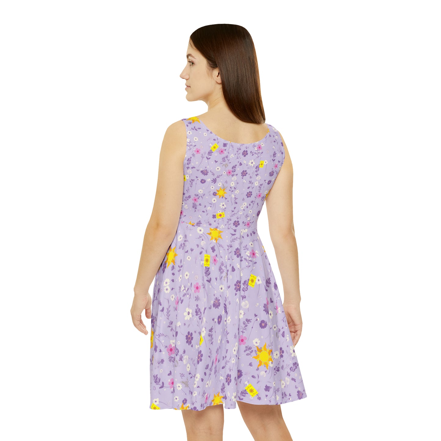 Light Purple Tangled Flowers Yellow Sun Women's Skater Dress