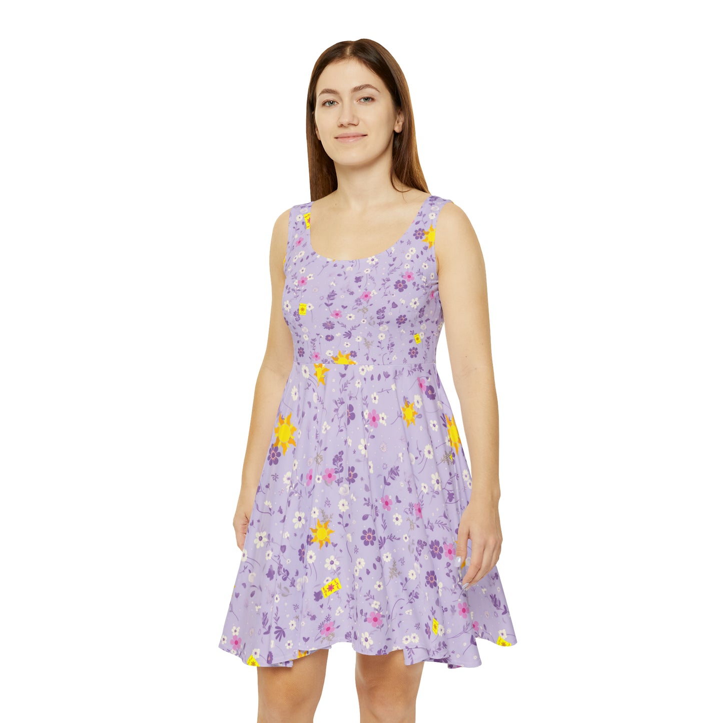 Light Purple Tangled Flowers Yellow Sun Women's Skater Dress