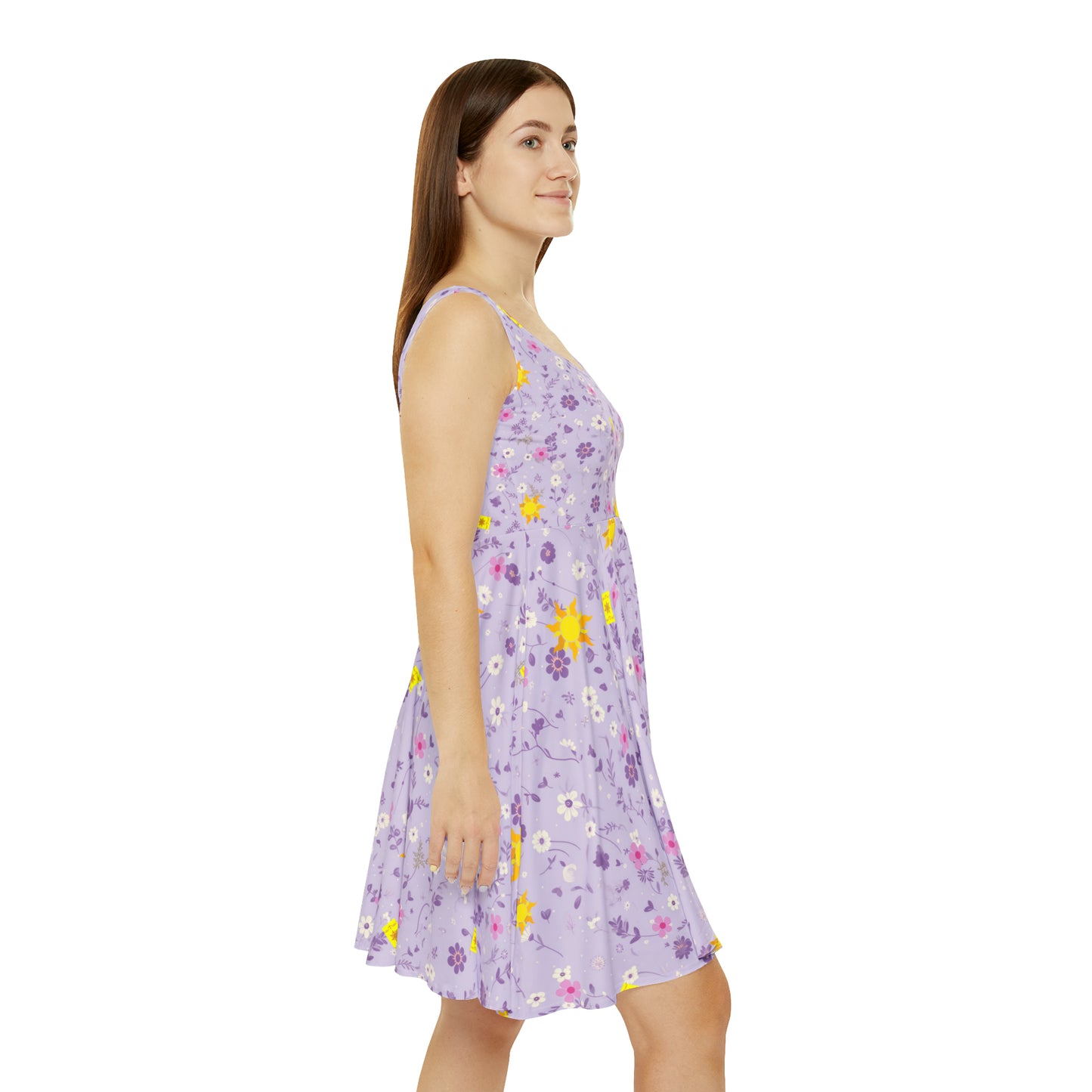 Light Purple Tangled Flowers Yellow Sun Women's Skater Dress