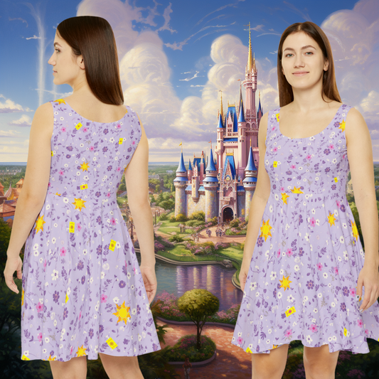 Light Purple Tangled Flowers Yellow Sun Women's Skater Dress