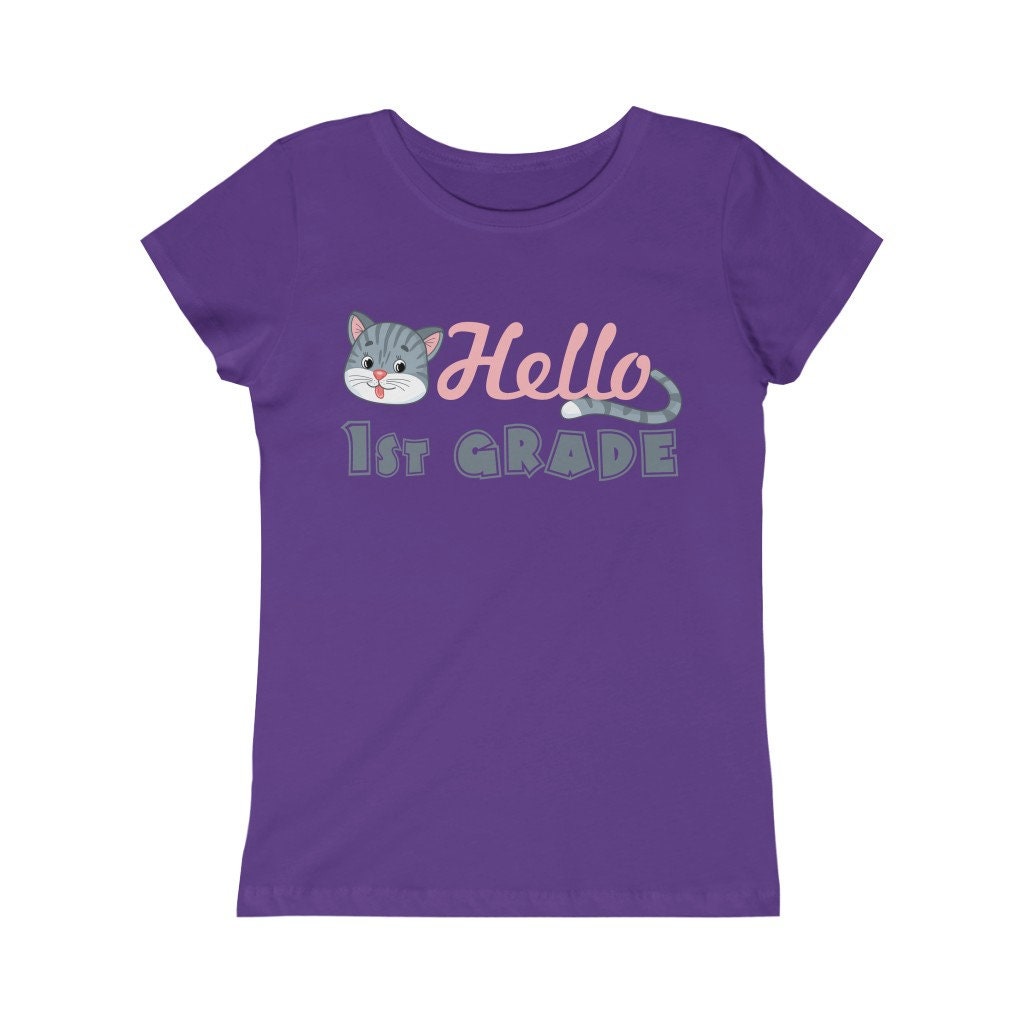 Hello 1st Grade Kitty Design Back to School Shirt First Day of School Toddler Girls Pink White Black Yellow Blue Navy Purple Pink Red