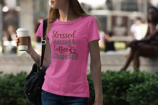 Stressed Blessed & Coffee Obsessed, Coffee Lover Shirt, Funny Coffee Shirt, Coffee Tee, Women's Coffee Tee, Mom Life Shirt, Busy Woman Tee
