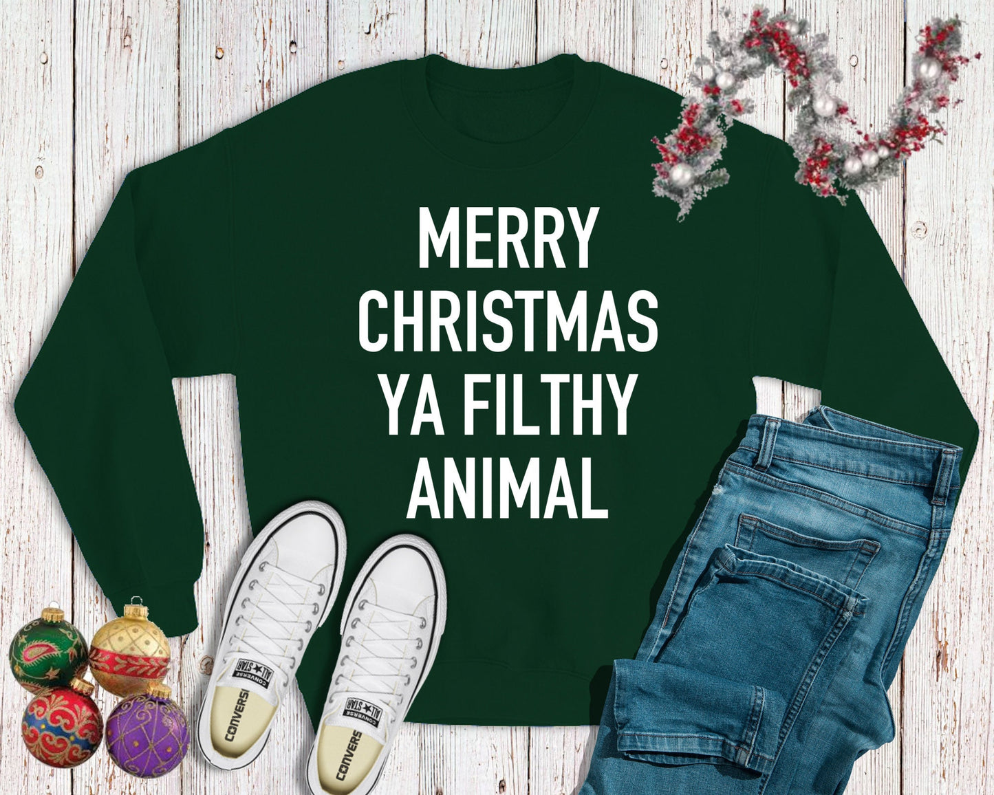 Unisex Funny Christmas Sweatshirt, Home Movie Quote Merry Christmas Ya Filthy Animal Holiday Alone Party Graphic Sweatshirt