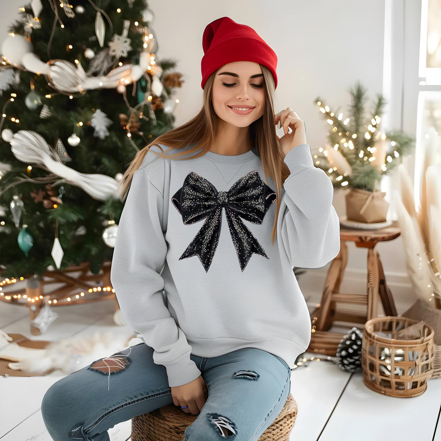 Black Bow Coquette Christmas Sweatshirt, Christmas Bow Shirt, Coquette Tee, Holiday Party Shirt, Trendy Christmas Shirt, Merry Christmas