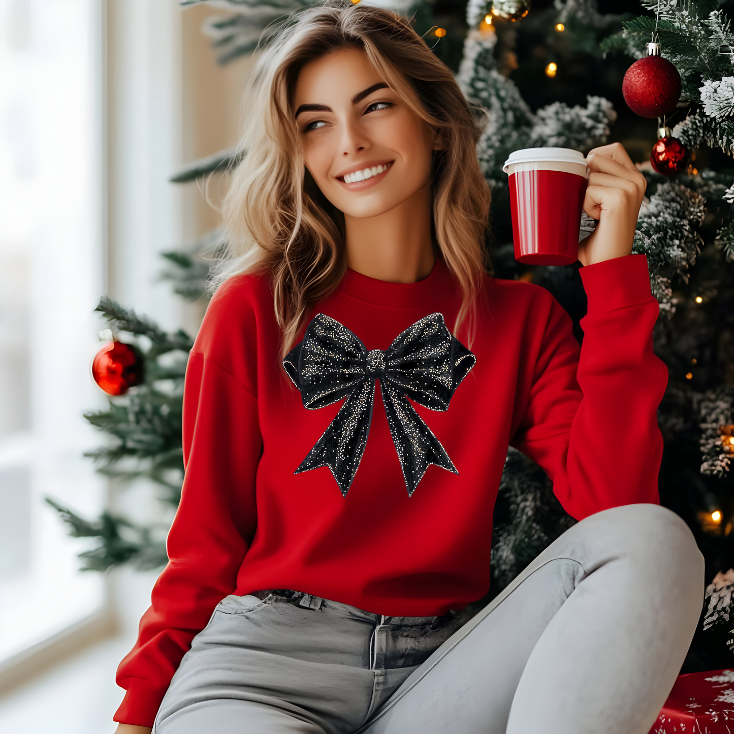 Black Bow Coquette Christmas Sweatshirt, Christmas Bow Shirt, Coquette Tee, Holiday Party Shirt, Trendy Christmas Shirt, Merry Christmas