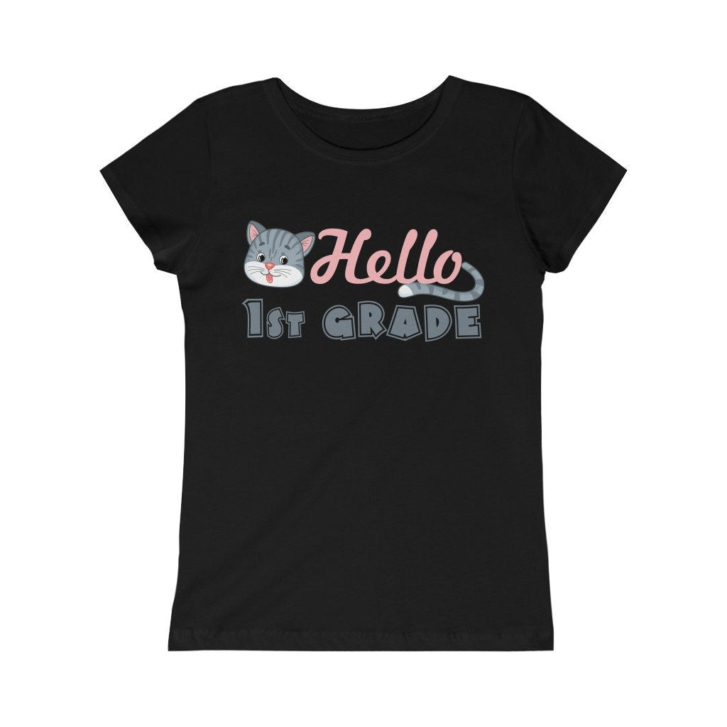 Hello 1st Grade Kitty Design Back to School Shirt First Day of School Toddler Girls Pink White Black Yellow Blue Navy Purple Pink Red