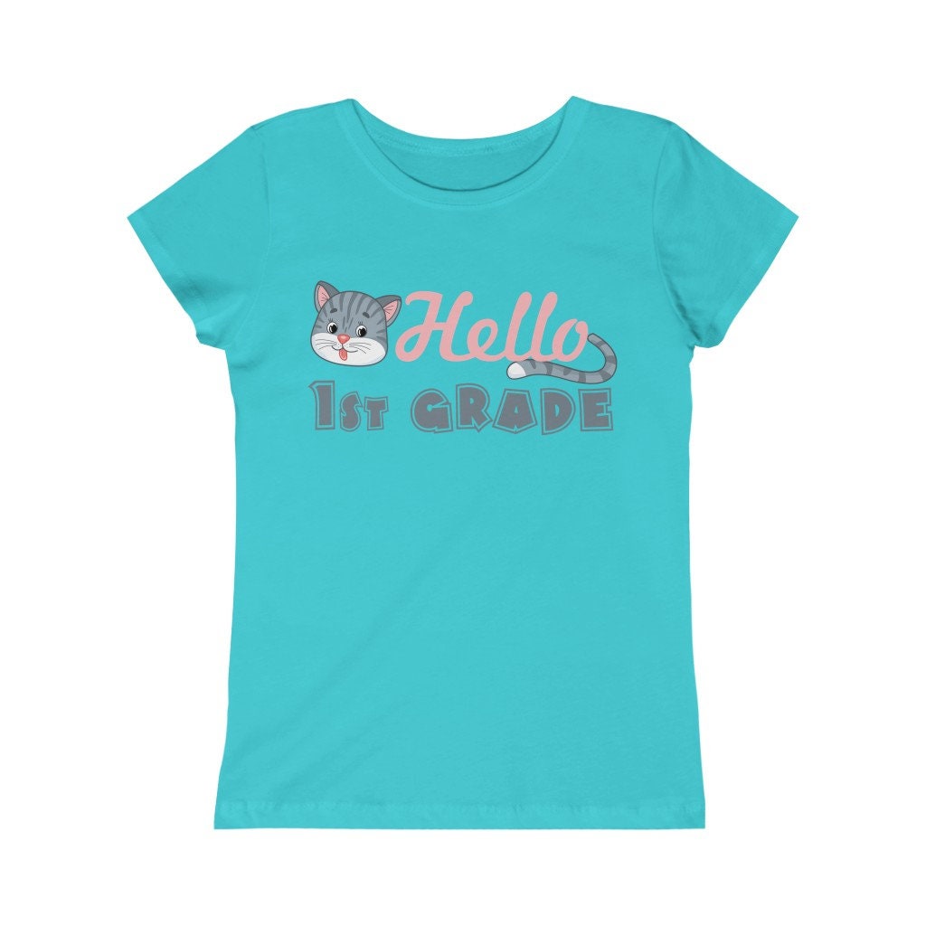 Hello 1st Grade Kitty Design Back to School Shirt First Day of School Toddler Girls Pink White Black Yellow Blue Navy Purple Pink Red