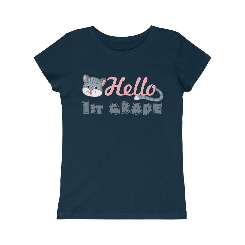 Hello 1st Grade Kitty Design Back to School Shirt First Day of School Toddler Girls Pink White Black Yellow Blue Navy Purple Pink Red