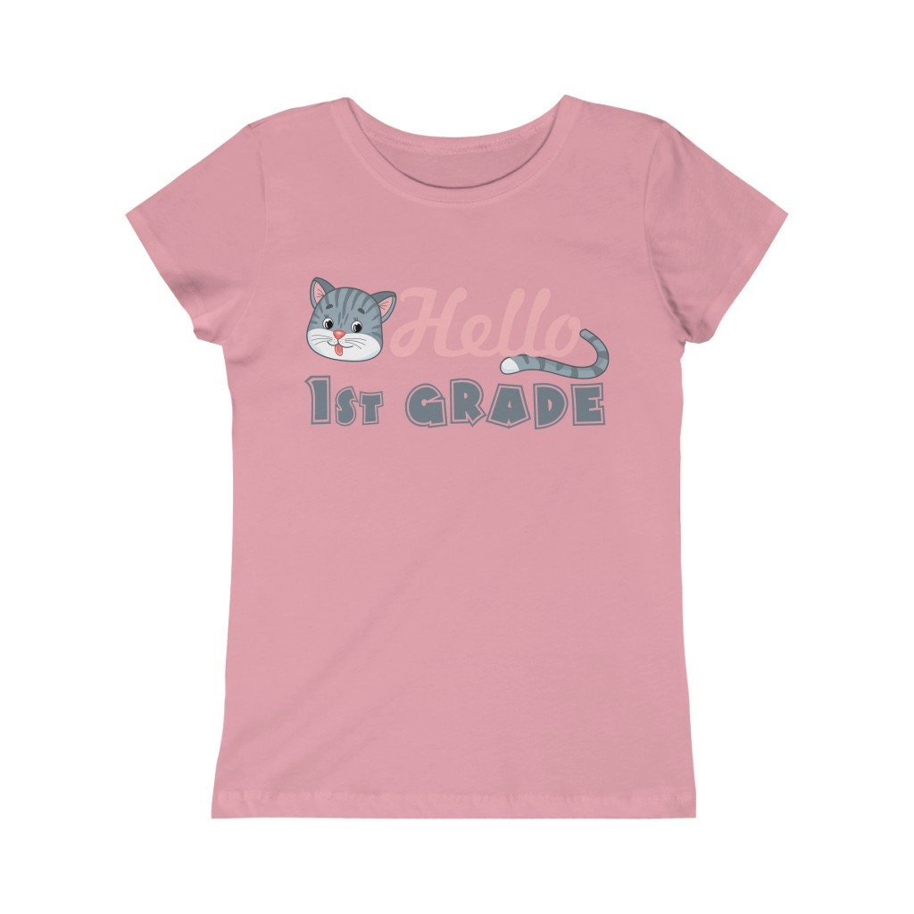 Hello 1st Grade Kitty Design Back to School Shirt First Day of School Toddler Girls Pink White Black Yellow Blue Navy Purple Pink Red