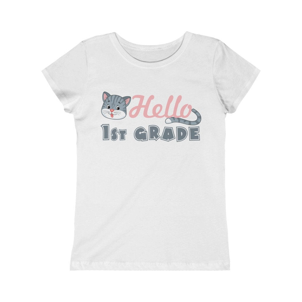 Hello 1st Grade Kitty Design Back to School Shirt First Day of School Toddler Girls Pink White Black Yellow Blue Navy Purple Pink Red