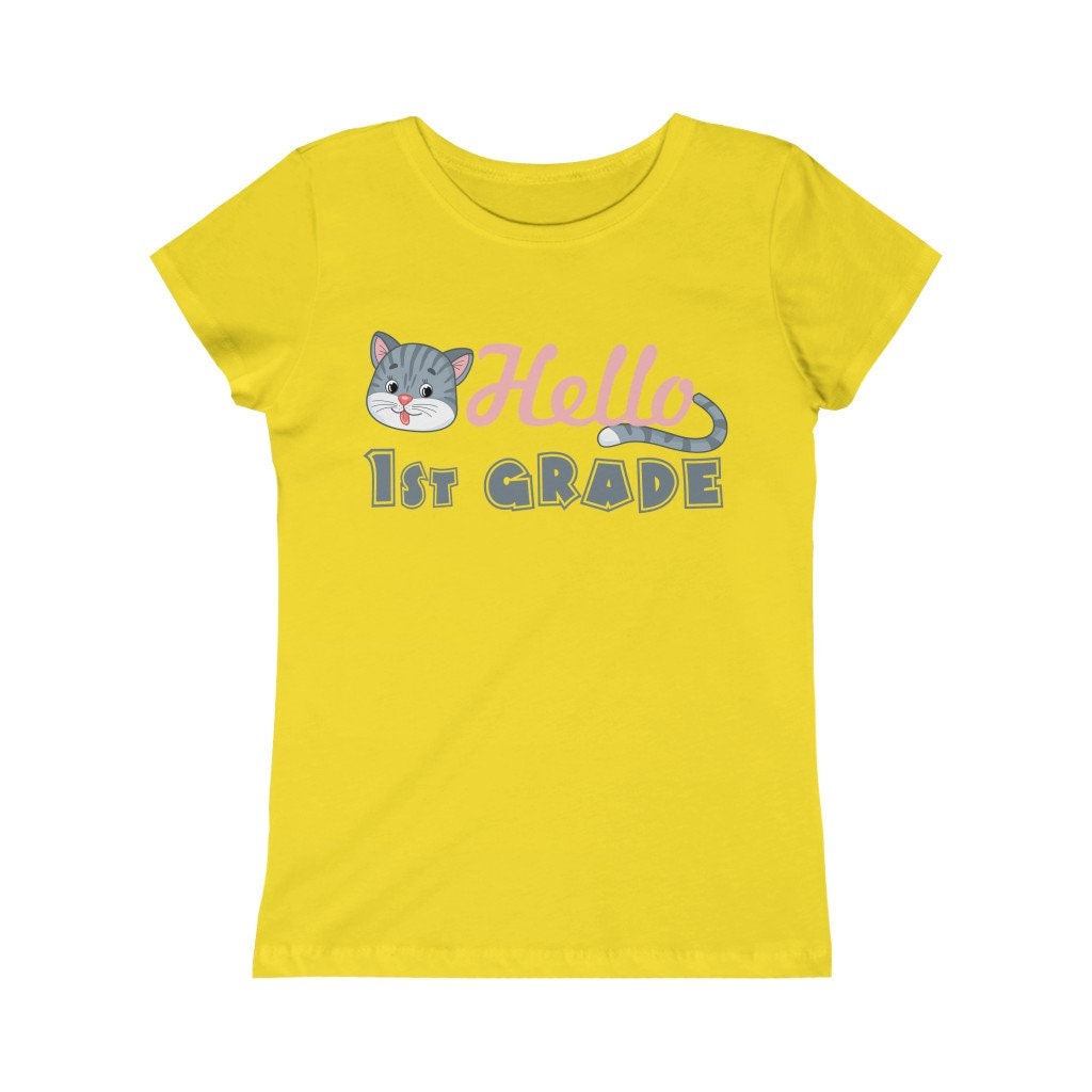 Hello 1st Grade Kitty Design Back to School Shirt First Day of School Toddler Girls Pink White Black Yellow Blue Navy Purple Pink Red