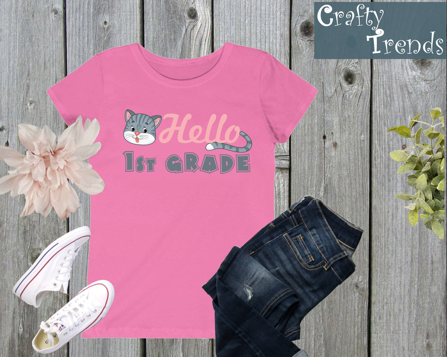 Hello 1st Grade Kitty Design Back to School Shirt First Day of School Toddler Girls Pink White Black Yellow Blue Navy Purple Pink Red