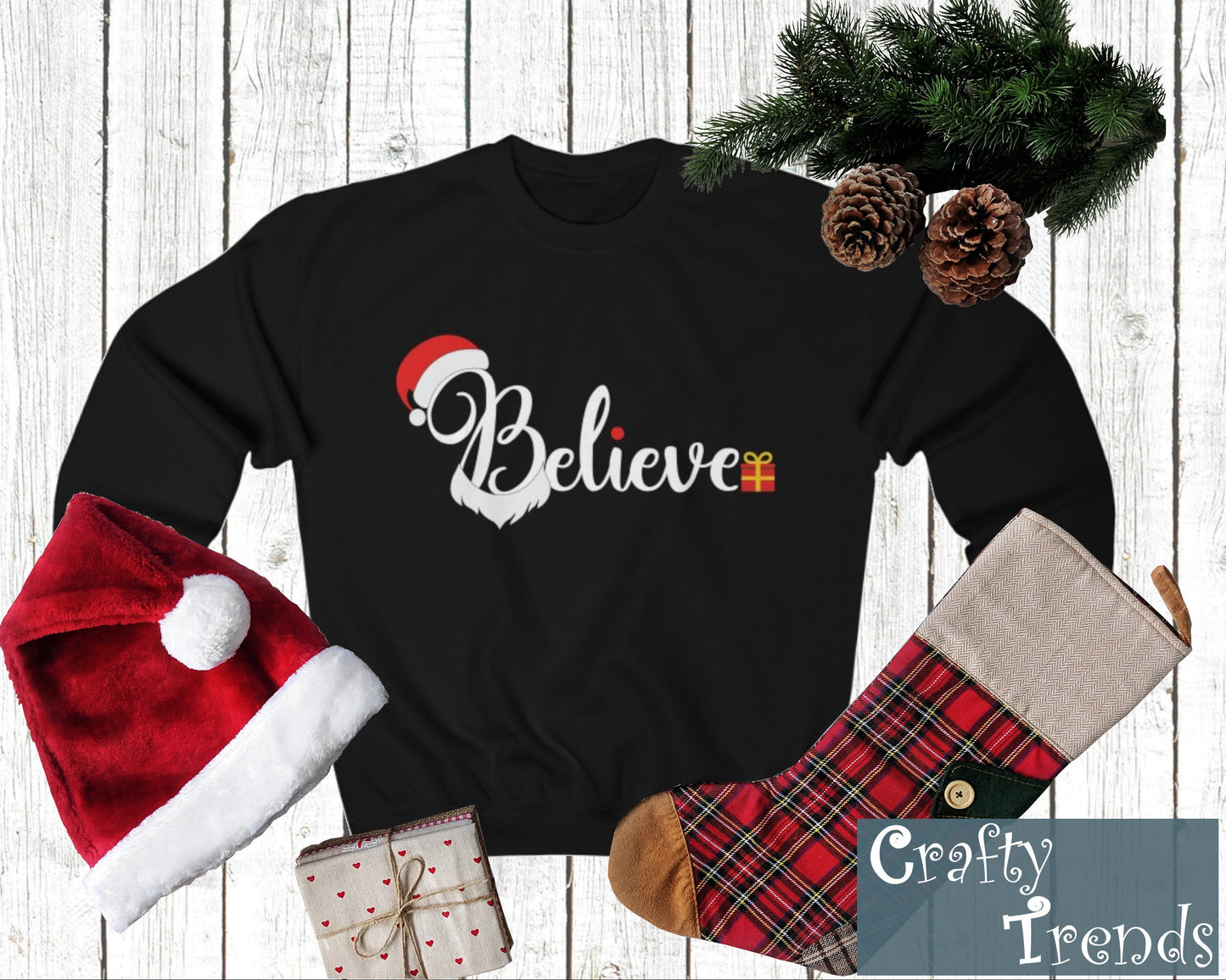 Funny Christmas Shirt Believe Santa Hat and Beard, Holiday Shirt