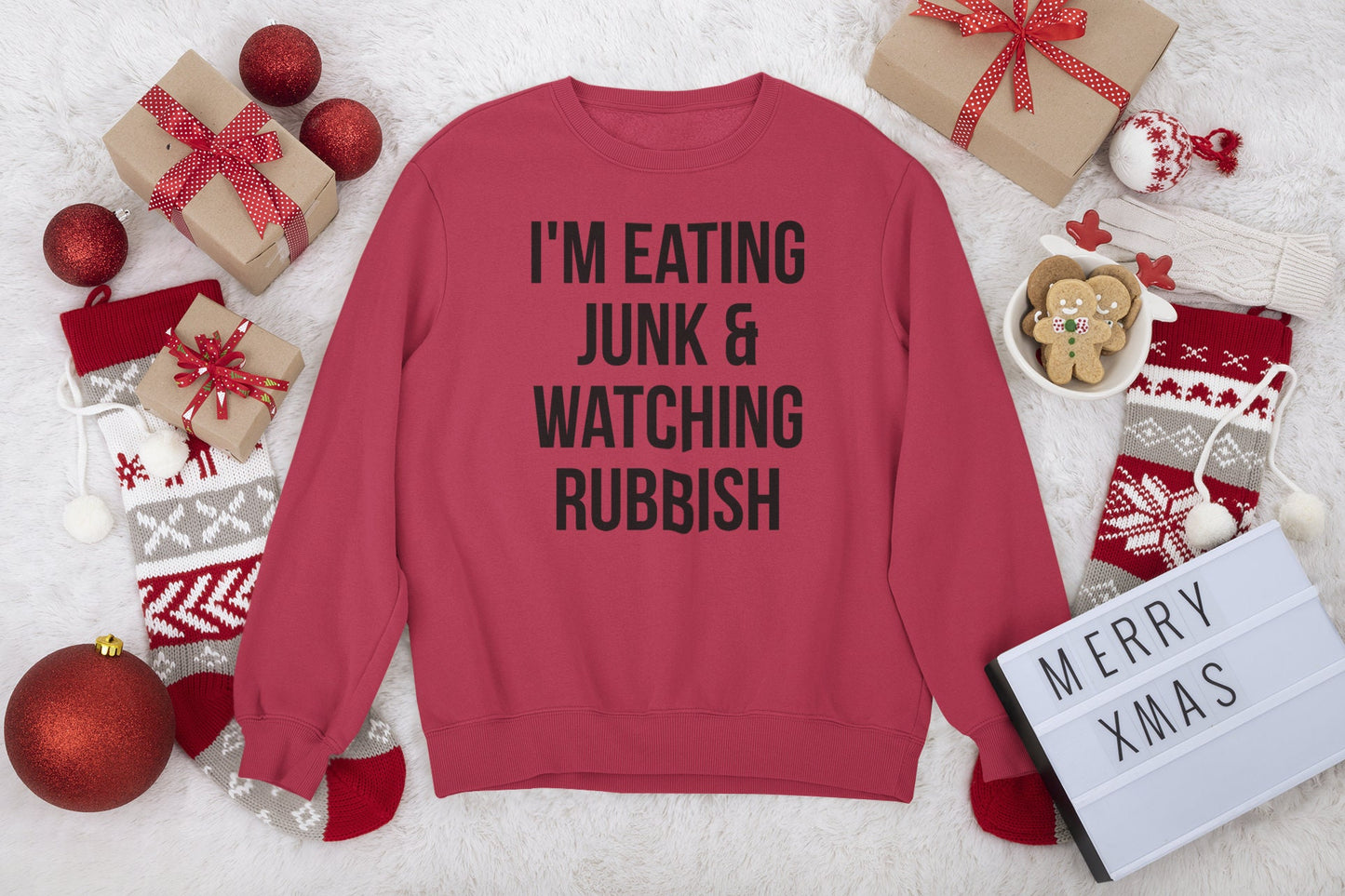 Unisex Funny Christmas Sweatshirt, T-Shirt, or Hoodie, Home Movie Quote Eating Junk & Watching Rubbish Holiday Alone Party Graphic Crewneck