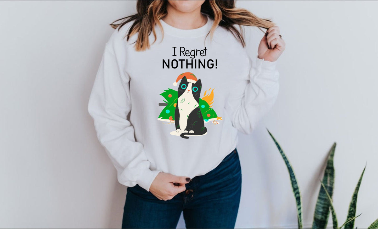 Funny Christmas Cat Sweatshirt, T-Shirt or Hoodie, Family Holiday Pajamas, Funny Cat I Regret Nothing Burning Christmas Tree and Presents