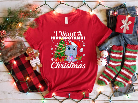 I Want A Hippopotamus For Christmas Shirt, Cute Youth Girls Shirt Holiday Shirt, Cute Santa Hippopotamus Shirt, Christmas Tree Shirt