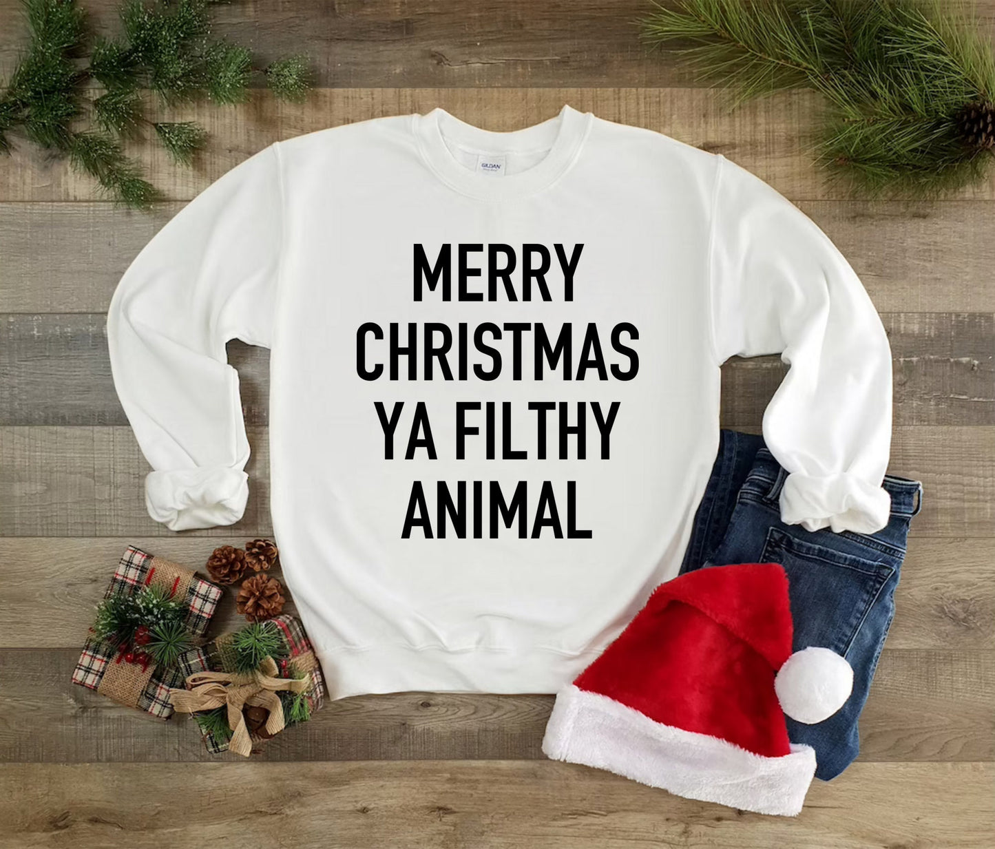 Unisex Funny Christmas Sweatshirt, Home Movie Quote Merry Christmas Ya Filthy Animal Holiday Alone Party Graphic Sweatshirt