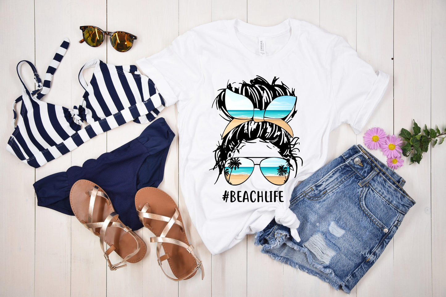 Beach Life Shirt, Messy Bun Headband Sunglasses Shirt, Summer Shirt, Beach Shirt, Girl's Trip Shirt, Messy Bun Shirt, Women's Shirt